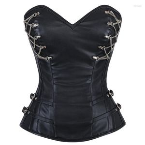 Bustiers korsetter Kvinnor Vintage Steel Boned Corset Bustier Sexig gotisk Steampunk Leather Corselet med kedja överbust kroppsformare plus storlek