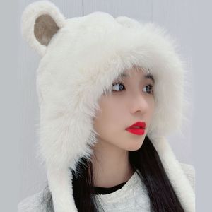 Cappello invernale soffice e spesso con orecchie da orso carino, protezione per le orecchie, palla lunga, imitazione di capelli di coniglio