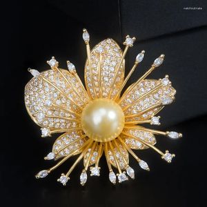 Brosches Yysunny Luxury Lotus Flower for Women Coat eller Wedding Buquets Gold Plated Pearl Brosch Pins Jewelry Christmas Gift