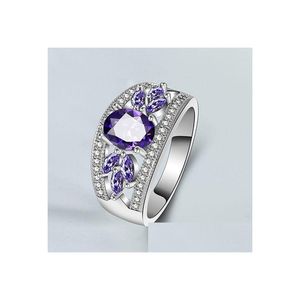 Anéis de banda moda feminina anéis 925 esterlina sier flor em forma de ametista anel de casamento para mulheres meninas agradável presente aniversário dro dhgarden otv5g