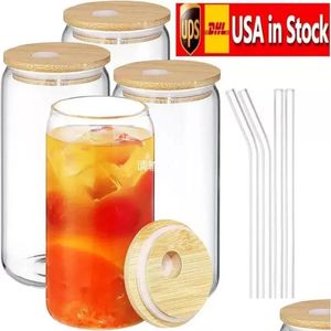 Kupalar ABD Stok 16 oz süblimasyon cam kutular bira bardak buzlu içme bambu kapak ve yeniden kullanılabilir st damla teslimat ev bahçesi dhvex