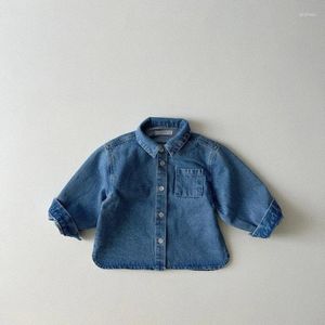 Jaquetas Outono 2023 Meninos e Meninas Denim Polo Cardigan Pequeno Médio Jeans Infantil