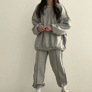 Fatos femininos cor sólida moletom tracksuit 2 peça conjunto mulheres cintura alta calças esportivas terno outono inverno senhoras moda conjunto 231026