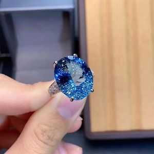 Alyanslar büyük boyut 13x18 mm mavi topaz değerli taşlar moda yüzük kadınlar için gerçek 925 sterlli gümüş ince mücevher doğum taşı hediyesi 22203j