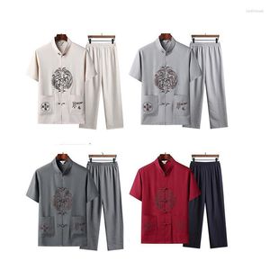 Etnik Giyim 6 Renk Tang Stili Hanfu Keten Gömlek Erkekler İçin Geleneksel Han Tai Chi Pantolon ve Set 2023 Oriental
