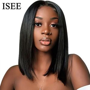 Perucas sintéticas isee cabelo malaio reto curto bob 13x4 laço frontal peruca pré branqueada nós osso 4x4 fechamento humano 231027