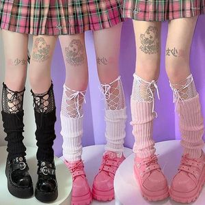 Women Socks Lolita Lace Cross Strap Japanese JK Uniform Korean Winter Girl Knit Boot Pile Up Sock Foot Warming Cover