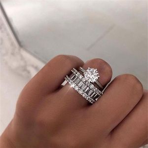 Unikalne 2pcs pierścienie para Klasyczna biżuteria sześć pazur prawdziwy 925 srebrny biały topazowy stos cz Diamond Women Wedding Bridal Rin260p