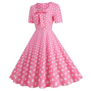 Casual Dresses 2023 Pink Plaid Swing Party Women Elegant Vintage Square Collar Short Sleeve Summer Bow Dots Dress