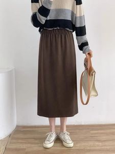 Skirts Slim Fit Midi Wrap Skirt With Back Slit 2023 Autumn Winter Fashion Elastic Waist High Rise Pencil Mid Calf Length