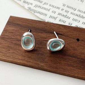 Studörhängen koreanska trendiga enkla akvamarin 925 sterling silver liten söt avokado form oval bule ädelsten för kvinnor