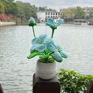 Decorative Flowers Crocheted Blue Lotus Potted Artificial Plant Hand-Knitted Cute Gifts For Home Room Table Desktop Decorations Accessories