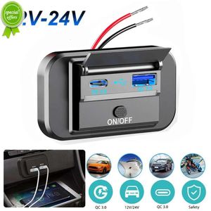 New Car Bus 12V 24V USB PD and QC 3.0 Dual Port Car Charger Socket Car Outlet Adapter with Button Switch Fast Charging