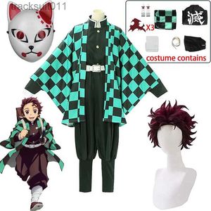 Anime Costumes Tanjirou Kamado Cosplay Anime Demon Slayer Kimetsu No Yaiba Cosplay Come Uniform Haori Kimono Wig Suit Halloween Adult Child L231027