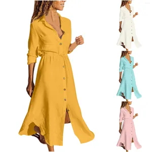 Casual Dresses Maxi Long Shirt Dress Women White Single Breasted Leisure Pocket Lapel Löst Fit Sleeve Office Beach Tunicas 2023