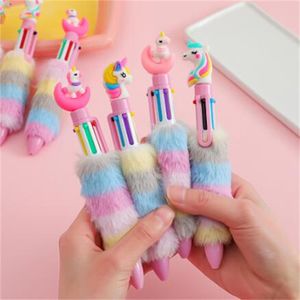 6 renk çocuk unicorn peluş peluş top noktası kalem öğrenci gökkuşağı jel kalem fantastik çizgi film kız el yazısı kalemleri