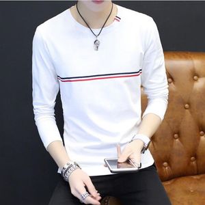 Man's Strip White Cotton Long Sleeve Tee Spring Autumn Crew Neck Slim T-shirt251s