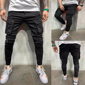 Herr jeans svart cyklist last män multi-fickiga smala fit joggers byxor mens rippade hål motorcykel streetwear denim penna 258t