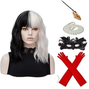 Catsuit kostümleri cruella deville de vil black white ile patlama ile bob bayanlar ısıya dayanıklı sentetik cosplay cadılar bayramı kostüm parti peruk