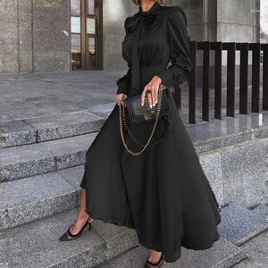 Abiti casual Donna Vita alta Swing Abito da sera lungo Primavera Allacciatura Fiocco in raso Boho Maxi Autunno Manica a lanterna Lady Vestido sexy