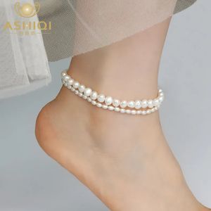 Fußkettchen ASHIQI Echte Natürliche Süßwasser Perle Fußkettchen Mode Dame Elastizität Kette Strand Fuß Armband Schmuck für Frauen 231027