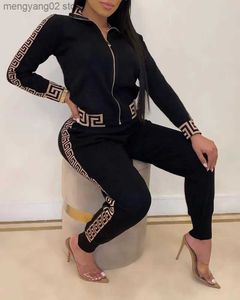 Women's Two Piece Pants 2023 Sportswear Tracksuits women's Fashion Two -Pieces Suit Sets Female Stylish Plus Size Greek Fret Print Coat Pant Zip Sets T231027