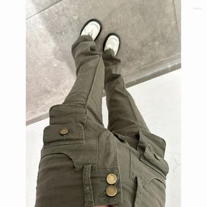 Jeans femininos outono cintura alta micro flare elástico fino ajuste multi bolso militar verde piso torres roupas de senhora