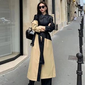 Trench da donna coreano chic autunno inverno bavero patchwork a contrasto giacca a vento in pu designer di moda cappotto con cintura in pelle a maniche lunghe da donna