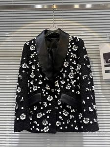 Women's Suits 2023 Autumn Woman Woolen Blazer Coat Catwalk Embroidery Sequins Flower Tweed Padded Shoulder Business Tailored Suit