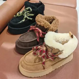 Warme und verschleißfeste Damenstiefel, Winter-Kabinenmanschetten-Schneestiefeletten aus kastanienbraunem Fell, klassische Mini-Plateau-Schneestiefel, australische Wolle und Wildlederstiefel