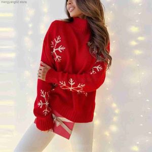 Maglieria da donna T-shirt da donna Maglione rosso di Natale Stampa fiocco di neve Pullover lavorato a maglia allentato casual Maglioni dolcevita a maniche lunghe per Natale Capodanno T231027