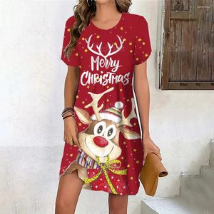 Robes décontractées Dessin animé Elk Robe Femmes Mignon Noël Flocon de neige Soirée Hiver Manches courtes Mini Mode Vêtements de fête