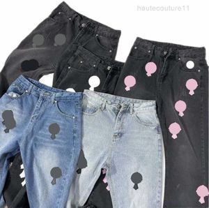 New Make Old Pantaloni dritti cromati lavati con lettere a cuore per donna stile lungo