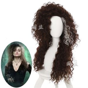Costumi Catsuit Film Personaggio del film Bellatrix Lestrange Lungo marrone misto ondulato Bella parrucche Costume cosplay resistente al calore + cappuccio parrucca