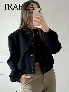 Kadın Ceketleri Trafza Kadınlar Katı Vintage Crop Slim Ceket Cepleri O Boyun Uzun Kollu Düğme Katlar Lady Streetwear Chic Üstler Kadın 231027