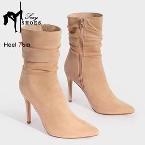 Botas outono tornozelo para mulheres moda camurça curto feminino apontou toe sapatos lado zíper todos os dias caminhada calçado de salto alto 231026