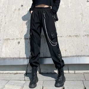 Kadın pantolon siyah punk kargo kadınlar joggers hippi zincir cepleri artı boyutta gevşek kapris baggy harajuku büyük pantolon hip hop