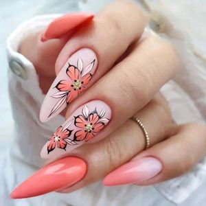 False Nails Long Stiletto Full Cover French Press On Enamel Flower Detachable Fake Women Girls