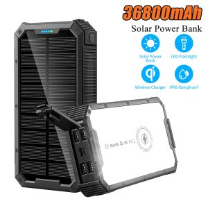 Solar Power Bank 36800mAh Wireless Fast Charger Powerbank Mobile Phone External Battery With LED Light Power Bank for Smartphone