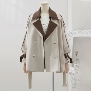 Женские тренчи, осеннее элегантное пальто средней длины, двубортное классическое пальто с лацканами, тонкая верхняя одежда с поясом, куртка с карманом