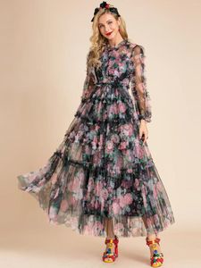 Casual Dresses Fashion Designer Summer Women's Long Sleeve Pleated Floral Print High midje Mesh Vintage Party Dress