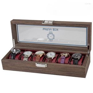 Titta på lådor Luxury Solid Wood Box Organizer för mäns 6-slot Red-Black Walnut Cabinet Men smycken Display