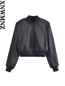 Женские куртки XNWMNZ 2023, женская модная атласная укороченная куртка-бомбер, женская верхняя одежда с круглым вырезом и длинными рукавами, женское шикарное пальто