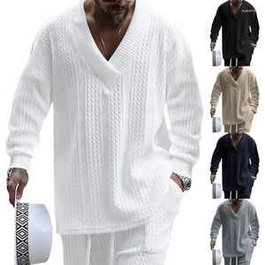 Suéter masculino casual jacquard branco, outono solto, manga comprida, pulôver com decote em v, tops masculinos, 1 peça