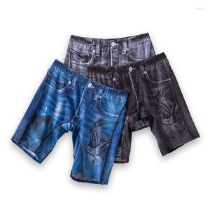 Underbyxor stor storlek herrar 3d tryck denim trosor mode is silke sexig underkläder jean stil lång ben boxer shorts calzoncillos