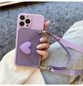 携帯電話のケース韓国のクロスボディレースアップネックレスとドックパープルケースiPhone 11 15 15 14 Pro Max XS XR Max Coin Wallet Cover 231026