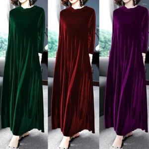 Abiti casual Abito in velluto da donna Shift Lungo Maxi Verde Nero Viola Manica Tasca in puro colore Inverno Autunno Primavera Girocollo Maturo