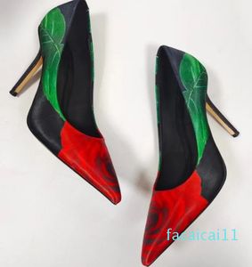 Designer-Damen-High-Heel-Schuhe, Retro-Rose, bedruckt, rote Kleidschuhe, Stiletto-Absatz, schwarze spitze Zehen, Satin, Damen-Pumps, modische Party-Abende