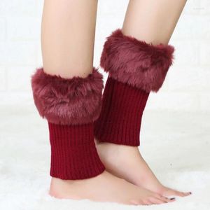 Meias femininas cor sólida inverno estilo curto pele fofa quente e capas de bota para leggings de lã de malha calientapiernas