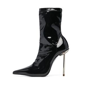 Preto apontou toe outono tornozelo botas femininas sólida couro de patente super fino salto alto moda mostrar festa sapatos stiletto personalizados